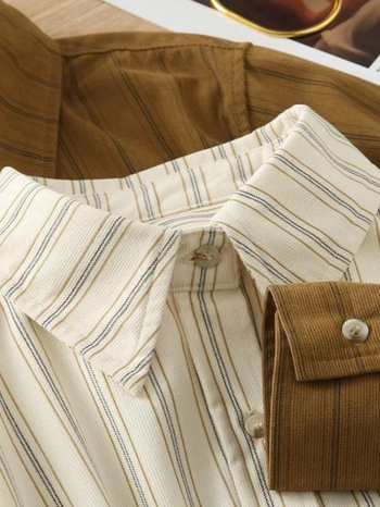 Риза от corduroy плат, с райета, в корейски стил, свободен силует, поло яка