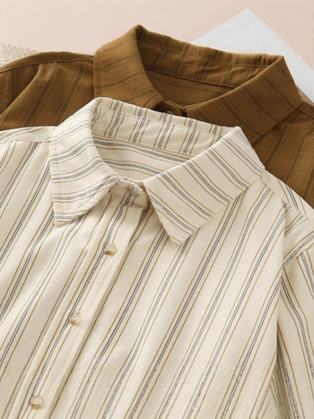 Риза от corduroy плат, с райета, в корейски стил, свободен силует, поло яка
