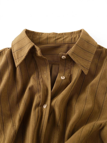 Риза от corduroy плат, с райета, в корейски стил, свободен силует, поло яка