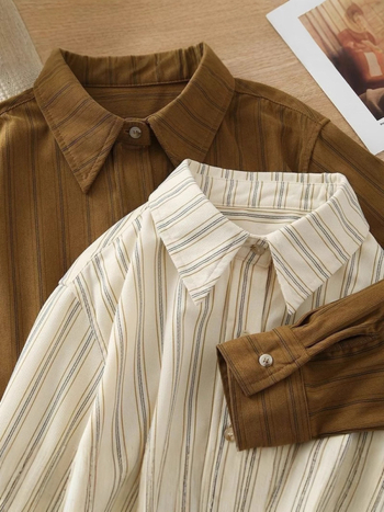 Риза от corduroy плат, с райета, в корейски стил, свободен силует, поло яка