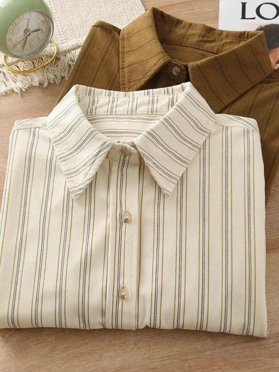 Риза от corduroy плат, с райета, в корейски стил, свободен силует, поло яка