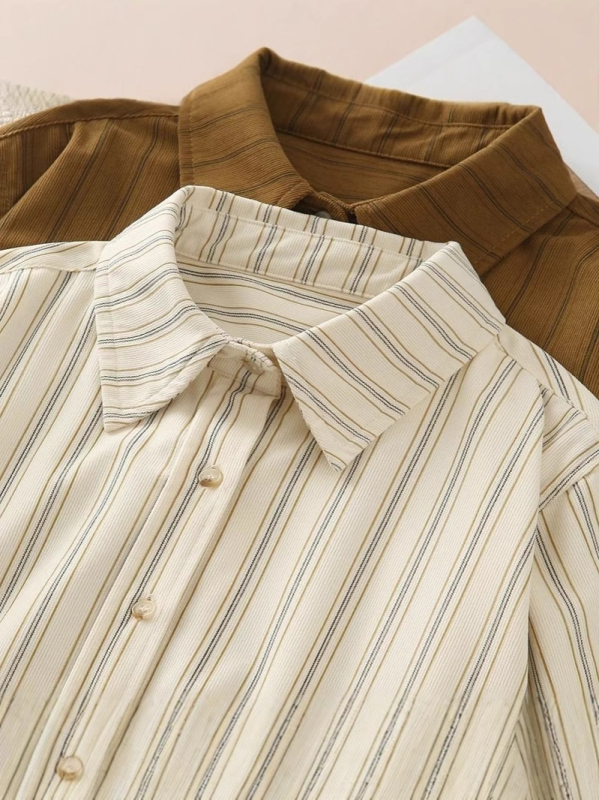 Риза от corduroy плат, с райета, в корейски стил, свободен силует, поло яка