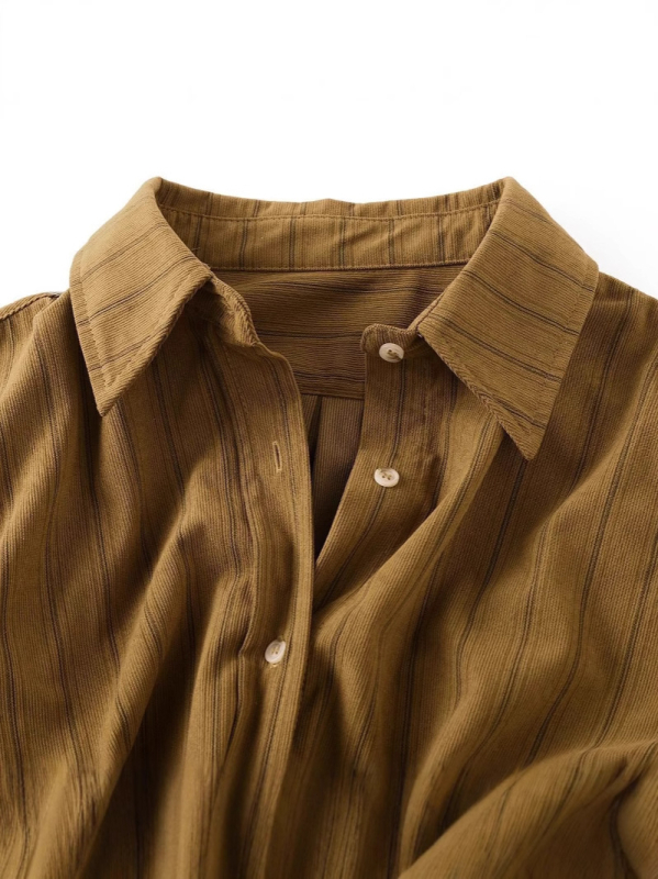 Риза от corduroy плат, с райета, в корейски стил, свободен силует, поло яка