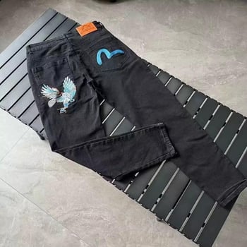 Muške traperice s izvezenim orlom, pamuk denim – uski kroj, srednji pojas, zip, mikroelastika