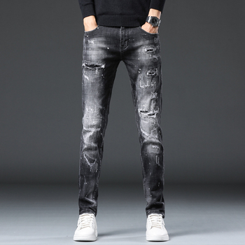 Džins hlače slim fit, srednji struk, 90% pamuk, denim, retro stil, istrošeni detalji, ručno bojanje i otisak