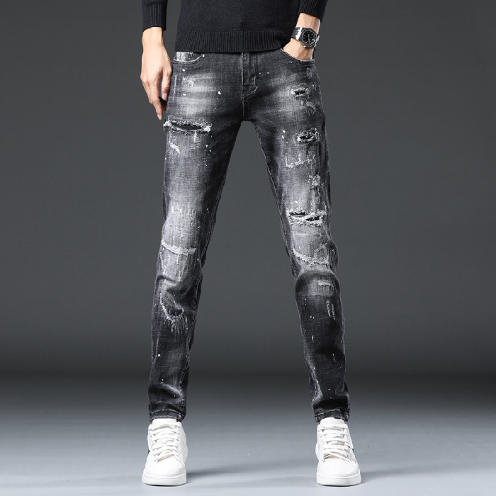 Džins hlače slim fit, srednji struk, 90% pamuk, denim, retro stil, istrošeni detalji, ručno bojanje i otisak