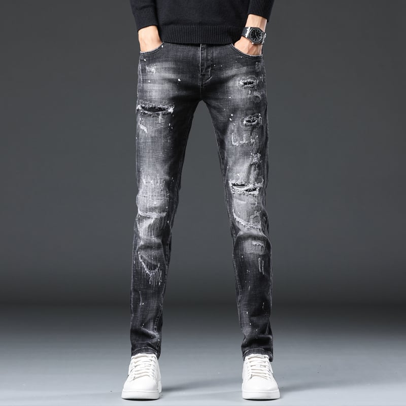 Džins hlače slim fit, srednji struk, 90% pamuk, denim, retro stil, istrošeni detalji, ručno bojanje i otisak