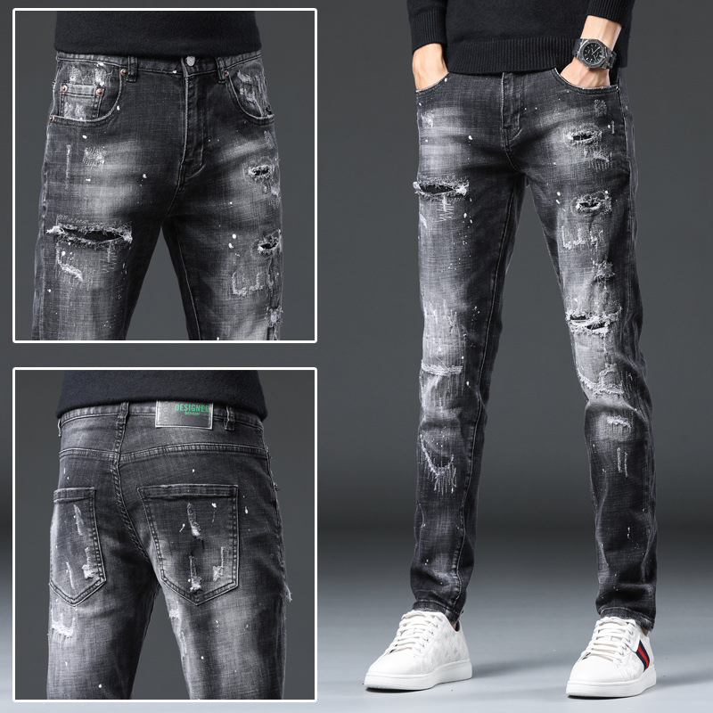 Džins hlače slim fit, srednji struk, 90% pamuk, denim, retro stil, istrošeni detalji, ručno bojanje i otisak