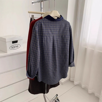 Риза Corduroy с Plaid модел, Turn-down яка, дълги ръкави