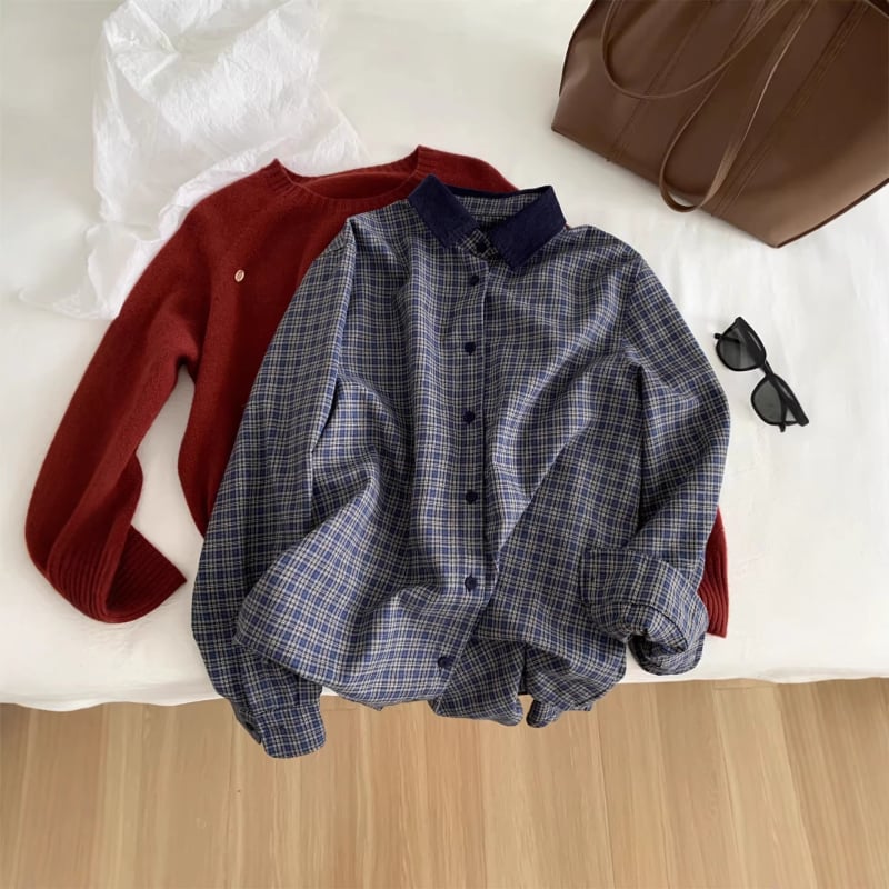 Риза Corduroy с Plaid модел, Turn-down яка, дълги ръкави