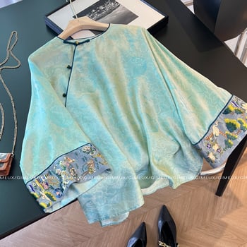 Ženska poliester košulja s kineskim stilom, izšivana, srednji rukavi, okrugli ovratnik, retro stil