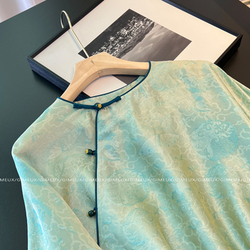 Ženska poliester košulja s kineskim stilom, izšivana, srednji rukavi, okrugli ovratnik, retro stil