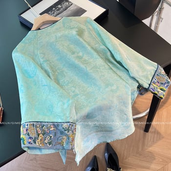 Ženska poliester košulja s kineskim stilom, izšivana, srednji rukavi, okrugli ovratnik, retro stil