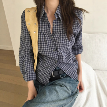 Košulja s kariranim uzorkom, kardiganski stil i fakultetski stil, polo ovratnik, dugi rukavi