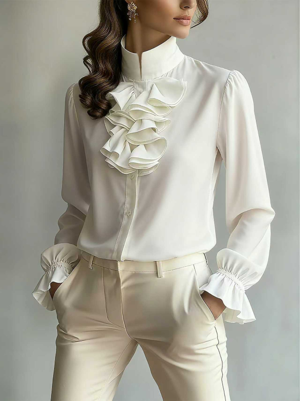 Bluza od poliestera, jednobojna, stojeći ovratnik, dugi rukavi, elegantan gradski stil
