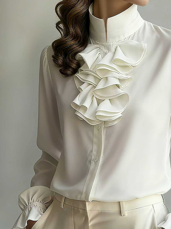 Bluza od poliestera, jednobojna, stojeći ovratnik, dugi rukavi, elegantan gradski stil