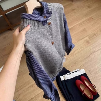 Pamut kockás hosszú ujjú ing, lazább szabásvonal, polo gallér, kardigán-stílus, mindennapi viseletre