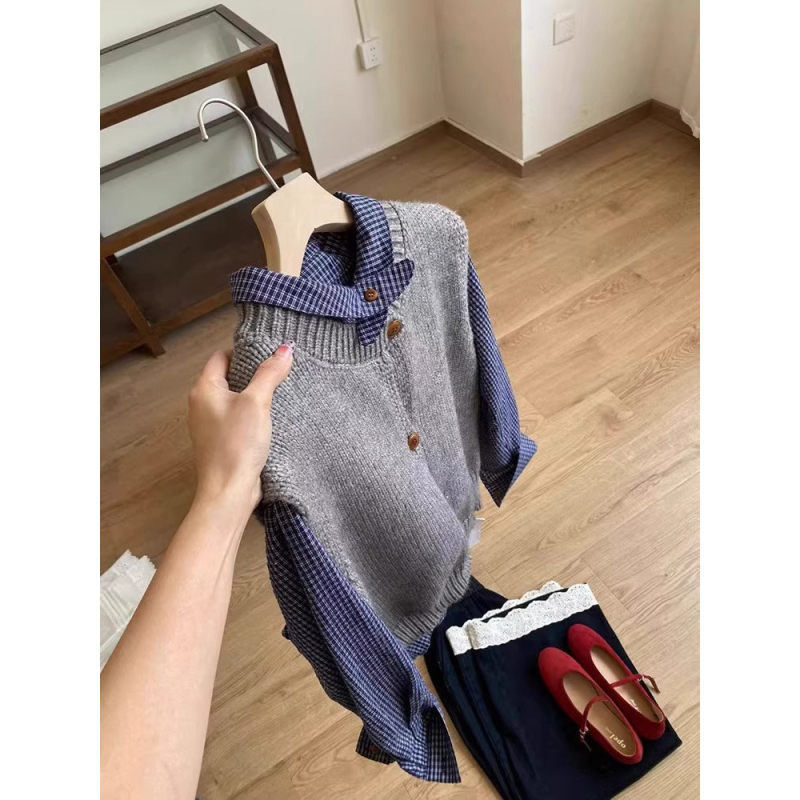 Pamut kockás hosszú ujjú ing, lazább szabásvonal, polo gallér, kardigán-stílus, mindennapi viseletre