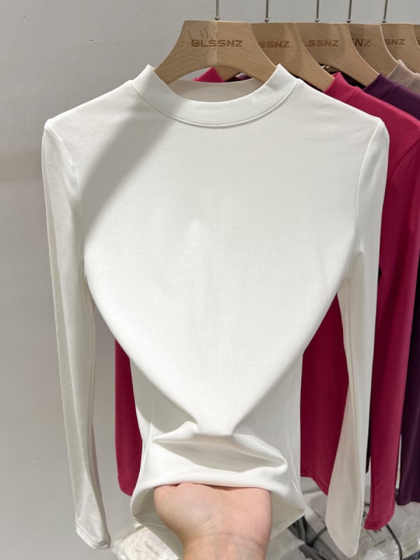Ženski T-shirt s dugim rukavom od rayon vlakna, slim kroj, polvisoki ovratnik, korejski ležerni stil
