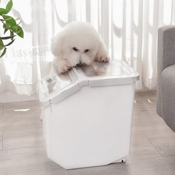 Kutyatáp tároló – nedvességálló, tárolásra alkalmas nassolnivalók és gabonafélék, PP anyag, 10 kg kapacitás