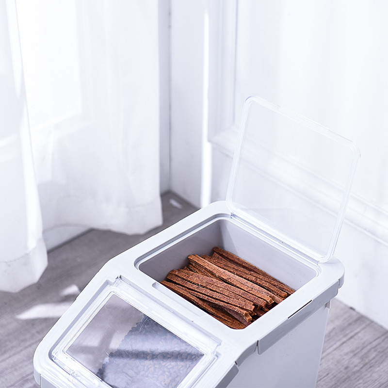 Kutyatáp tároló – nedvességálló, tárolásra alkalmas nassolnivalók és gabonafélék, PP anyag, 10 kg kapacitás