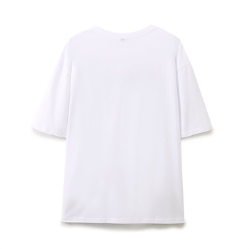 Tricou dama cu imprimă frontală, guler rotund, mâneci scurte, poliester tricot 50–70%