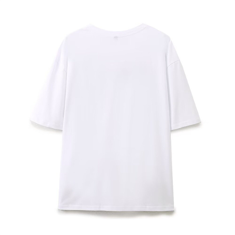 Tricou dama cu imprimă frontală, guler rotund, mâneci scurte, poliester tricot 50–70%