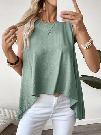 Дамска безръкавна тениска с кръгло деколте, свободен силует, принт, полиестер