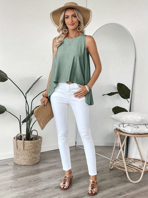 Дамска безръкавна тениска с кръгло деколте, свободен силует, принт, полиестер