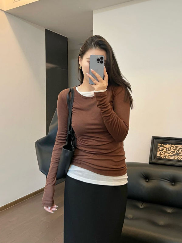 Majica od Tencel pamuka, jednobojna, dugi rukavi, okrugli izrez, 50–70% lyocell