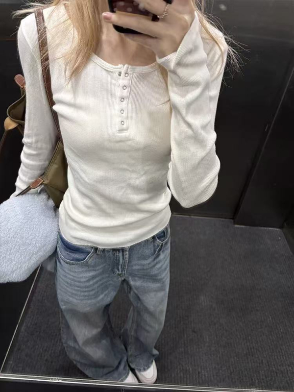 Majica s dugim rukavima, slim fit, okrugli izrez, pamuk-elastan mješavina, tekstualni uzorak, kratka duljina 40–50 cm