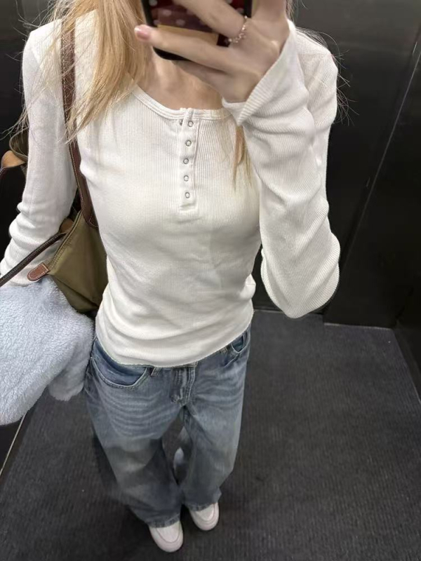 Majica s dugim rukavima, slim fit, okrugli izrez, pamuk-elastan mješavina, tekstualni uzorak, kratka duljina 40–50 cm