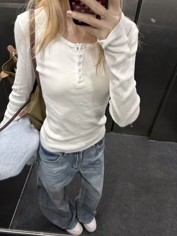 Majica s dugim rukavima, slim fit, okrugli izrez, pamuk-elastan mješavina, tekstualni uzorak, kratka duljina 40–50 cm