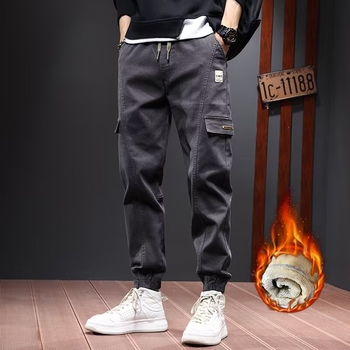 Muške casual hlače s fleece-om, ravni kroj, srednji struk, poliester
