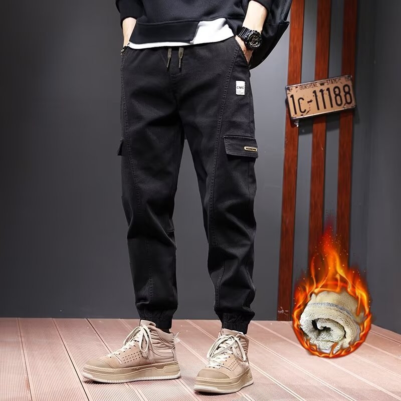Muške casual hlače s fleece-om, ravni kroj, srednji struk, poliester