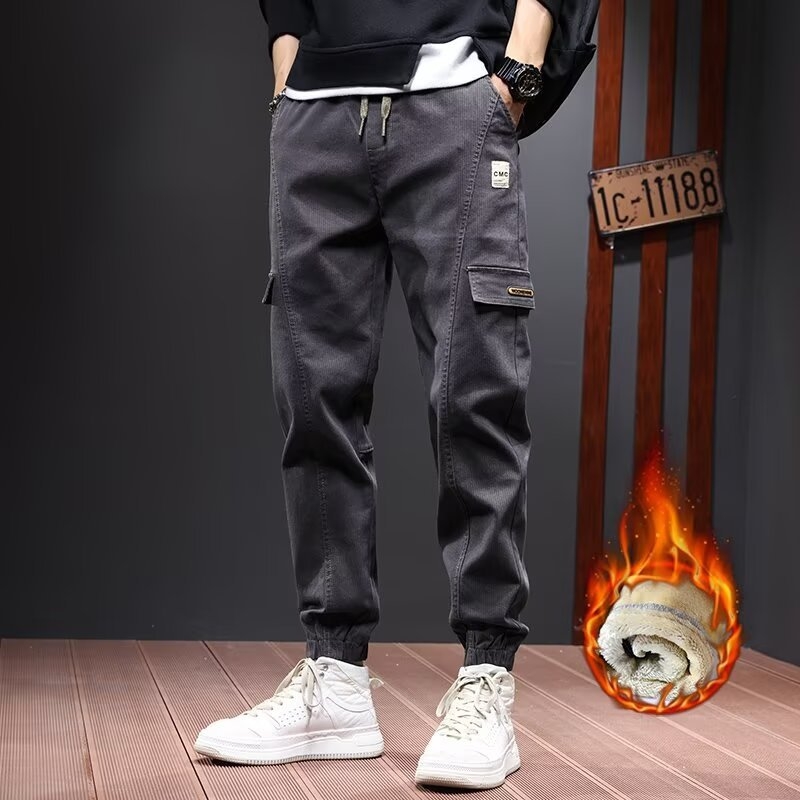 Muške casual hlače s fleece-om, ravni kroj, srednji struk, poliester
