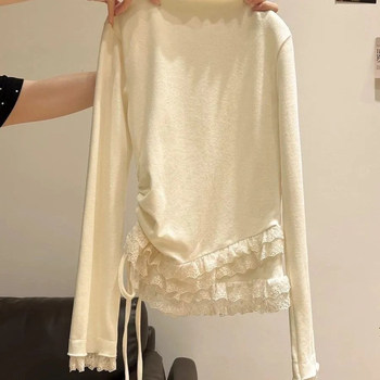 Čipkasta majica s 3D uzorkom, dugi rukavi, okrugli izrez, mješavina poliestera i elastana, kolažno šivanje, gradski elegantan stil