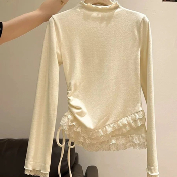 Čipkasta majica s 3D uzorkom, dugi rukavi, okrugli izrez, mješavina poliestera i elastana, kolažno šivanje, gradski elegantan stil