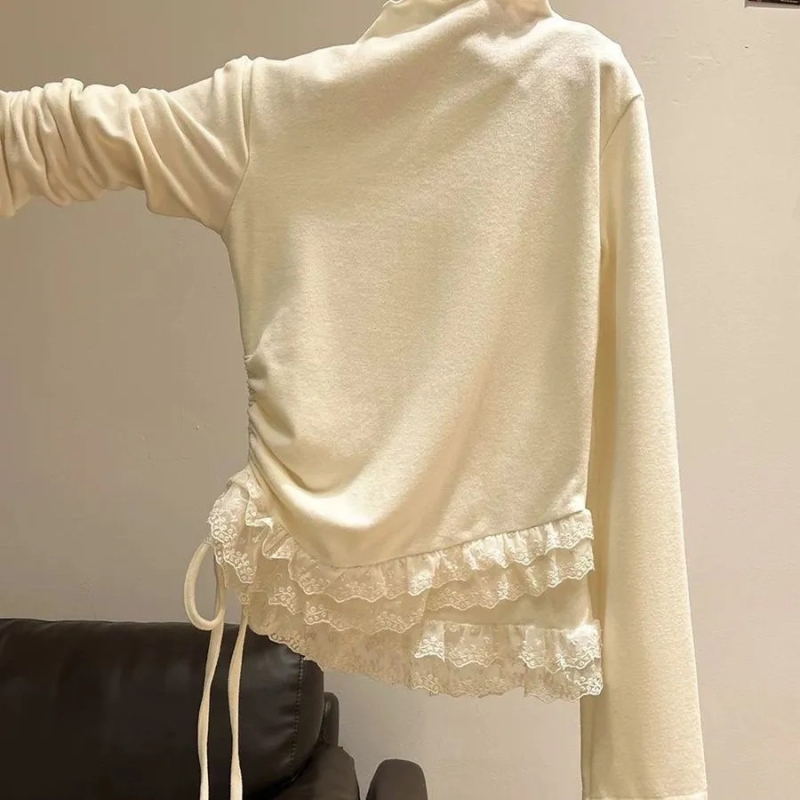 Čipkasta majica s 3D uzorkom, dugi rukavi, okrugli izrez, mješavina poliestera i elastana, kolažno šivanje, gradski elegantan stil