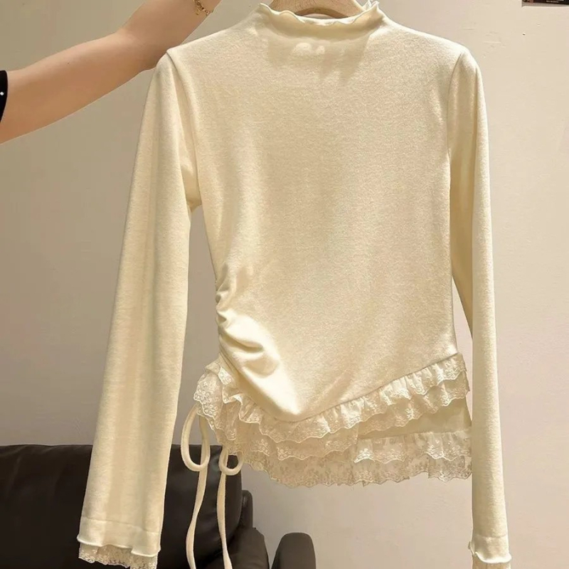Čipkasta majica s 3D uzorkom, dugi rukavi, okrugli izrez, mješavina poliestera i elastana, kolažno šivanje, gradski elegantan stil