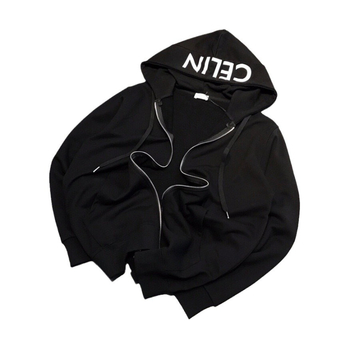 Βαμβακερό φούτερ με κουκούλα, φερμουάρ, εκτύπωση με κείμενο, χαλαρή γραμμή, ιαπωνο-κορεατικό casual στυλ