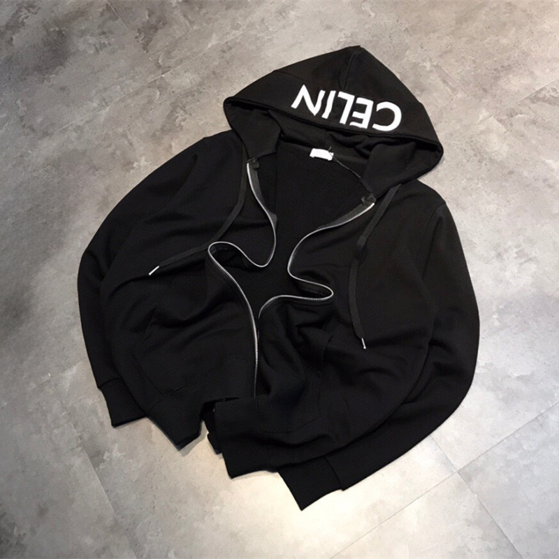 Βαμβακερό φούτερ με κουκούλα, φερμουάρ, εκτύπωση με κείμενο, χαλαρή γραμμή, ιαπωνο-κορεατικό casual στυλ