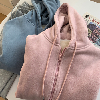 Γυναικείος φούτερ με κουκούλα και φερμουάρ, διπλής όψεως βελούδο, φαρδιά γραμμή, πυκνό ύφασμα, φθινοπωρινό-χειμερινό