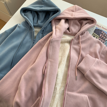 Γυναικείος φούτερ με κουκούλα και φερμουάρ, διπλής όψεως βελούδο, φαρδιά γραμμή, πυκνό ύφασμα, φθινοπωρινό-χειμερινό