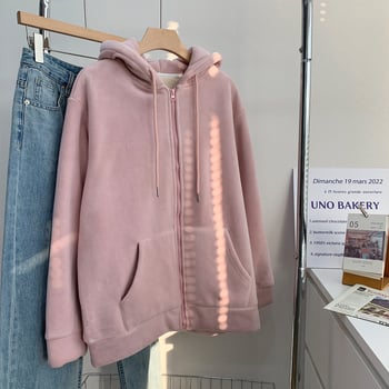 Γυναικείος φούτερ με κουκούλα και φερμουάρ, διπλής όψεως βελούδο, φαρδιά γραμμή, πυκνό ύφασμα, φθινοπωρινό-χειμερινό