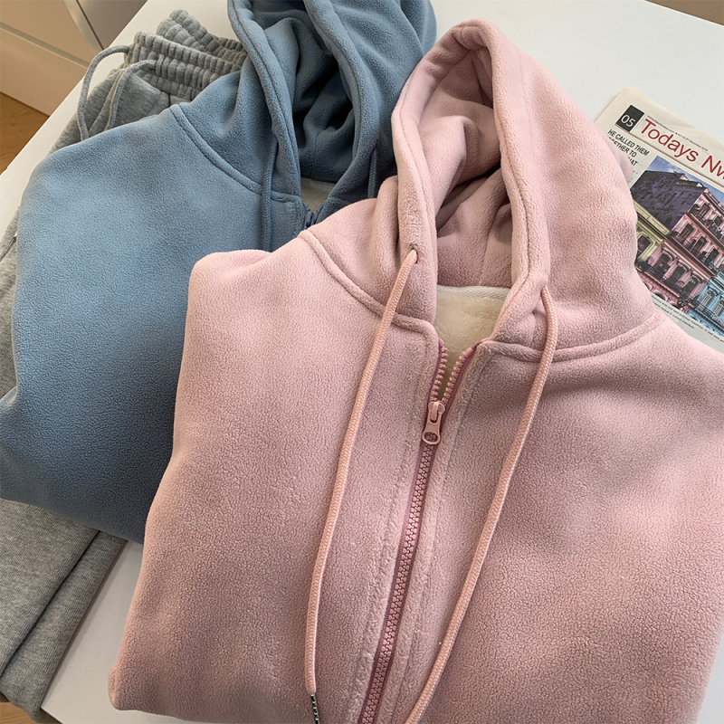 Γυναικείος φούτερ με κουκούλα και φερμουάρ, διπλής όψεως βελούδο, φαρδιά γραμμή, πυκνό ύφασμα, φθινοπωρινό-χειμερινό