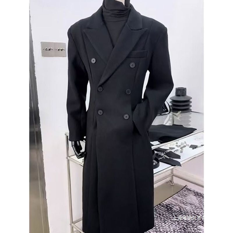 Muški vuneni kaput do koljena, korejski stil, slobodan kroj, dvostruko kopčanje, podstavljeni rameni