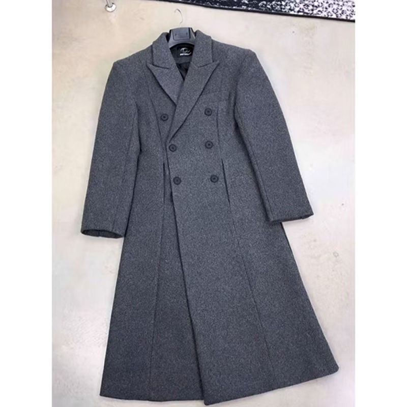 Muški vuneni kaput do koljena, korejski stil, slobodan kroj, dvostruko kopčanje, podstavljeni rameni