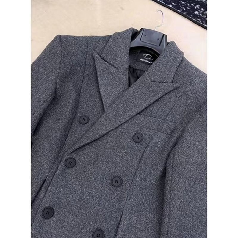 Muški vuneni kaput do koljena, korejski stil, slobodan kroj, dvostruko kopčanje, podstavljeni rameni