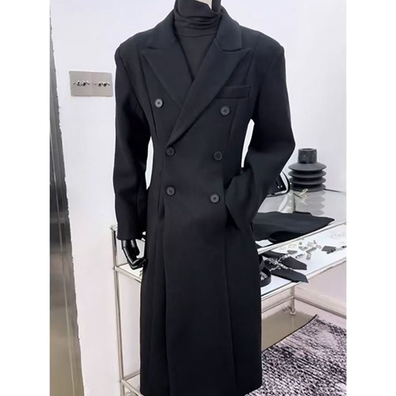 Muški vuneni kaput do koljena, korejski stil, slobodan kroj, dvostruko kopčanje, podstavljeni rameni